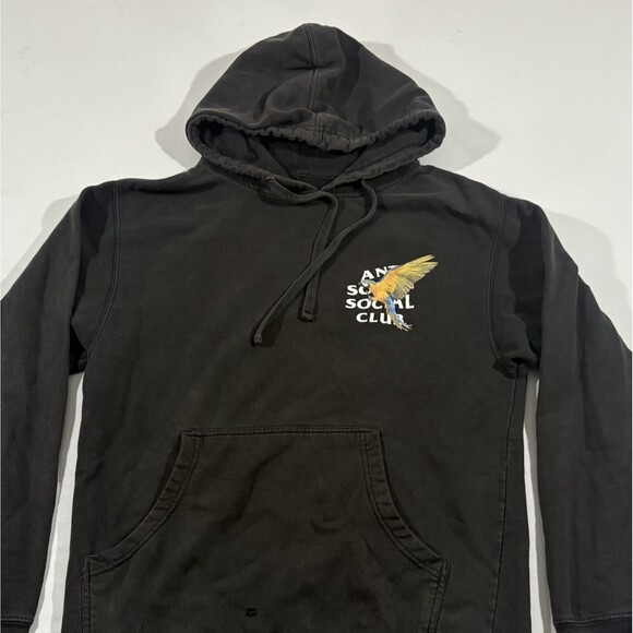 Anti Social Social Club Black Faded Parrot Print Pullover Hoodie Sweatshirt Sz S - Picture 2 of 11